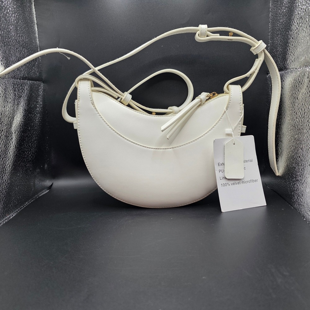 White PU Leather‎ Crescent Moon Crossbody Bag Half Moon Shoulder Bag Minimalist